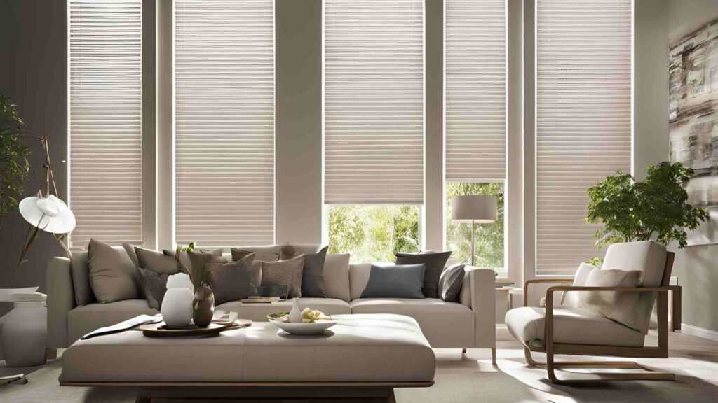 a living room with blinds on the windows