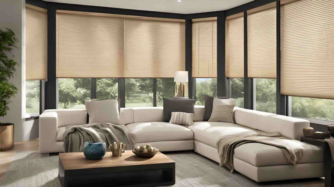 a modern living room with large windows and blinds