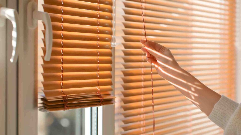 a person is opening the blinds on a window with wooden blinds